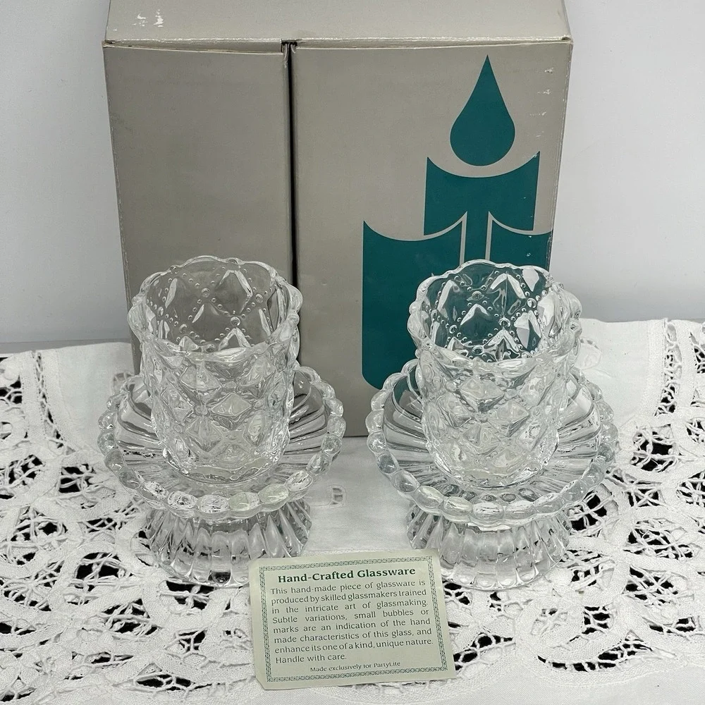 Vintage PartyLite Quilted Crystal Votive Candle Holder Pair Original Box P9246 - Picture 12 of 13